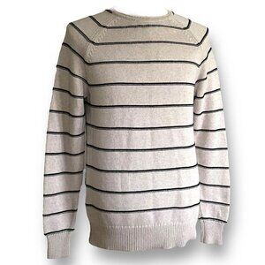 Jack Wills Mens Sweater L Tan Navy Blue Stripe Cotton Preppy Roll Neck Coastal